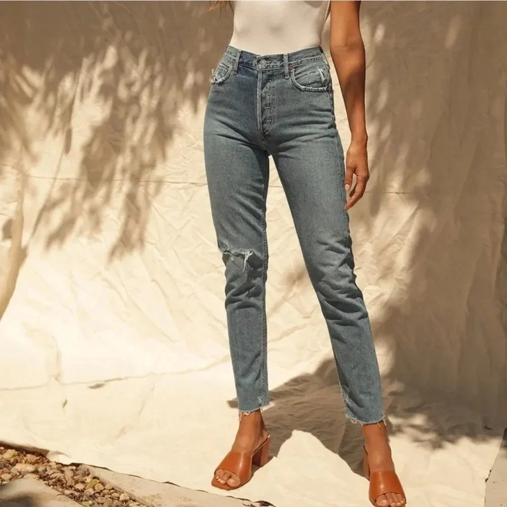AGOLDE Jamie Hi Rise Distressed Classic Denim Jeans Women’s Size 28 raw hem
